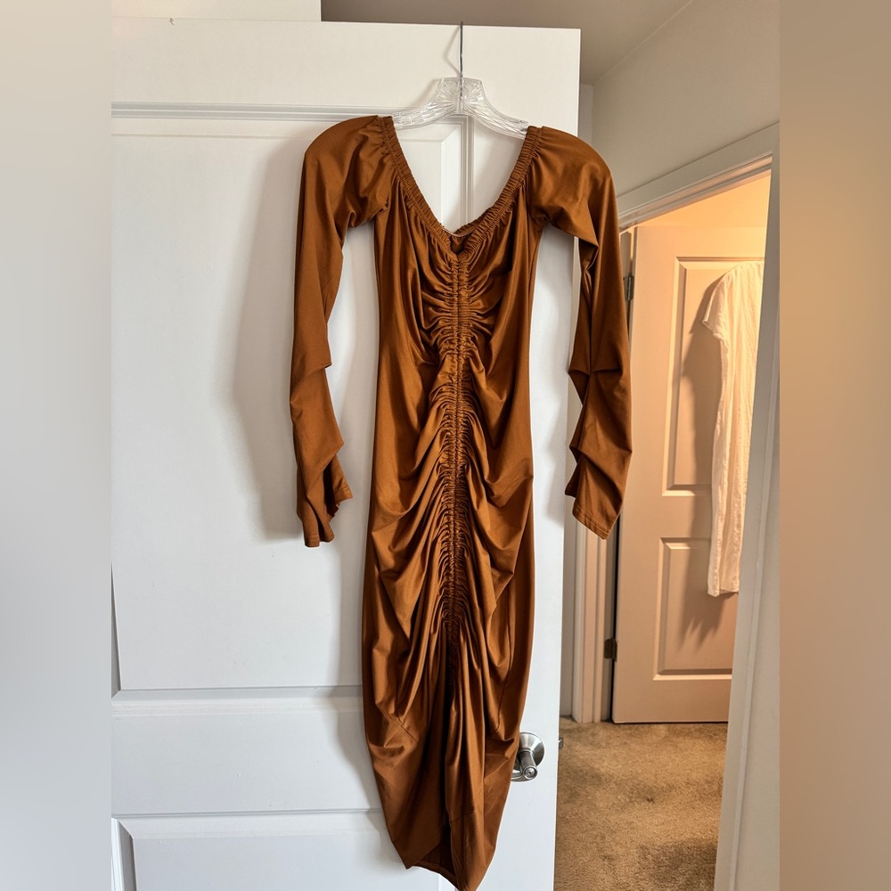 Fashion Nova Long Sleeve Ruched Dress in Brown